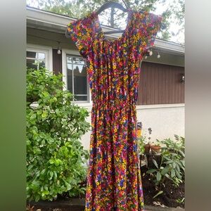 Vintage 60s | Bright Floral Barkcloth Print Maxi Dress/Boho/Hippie